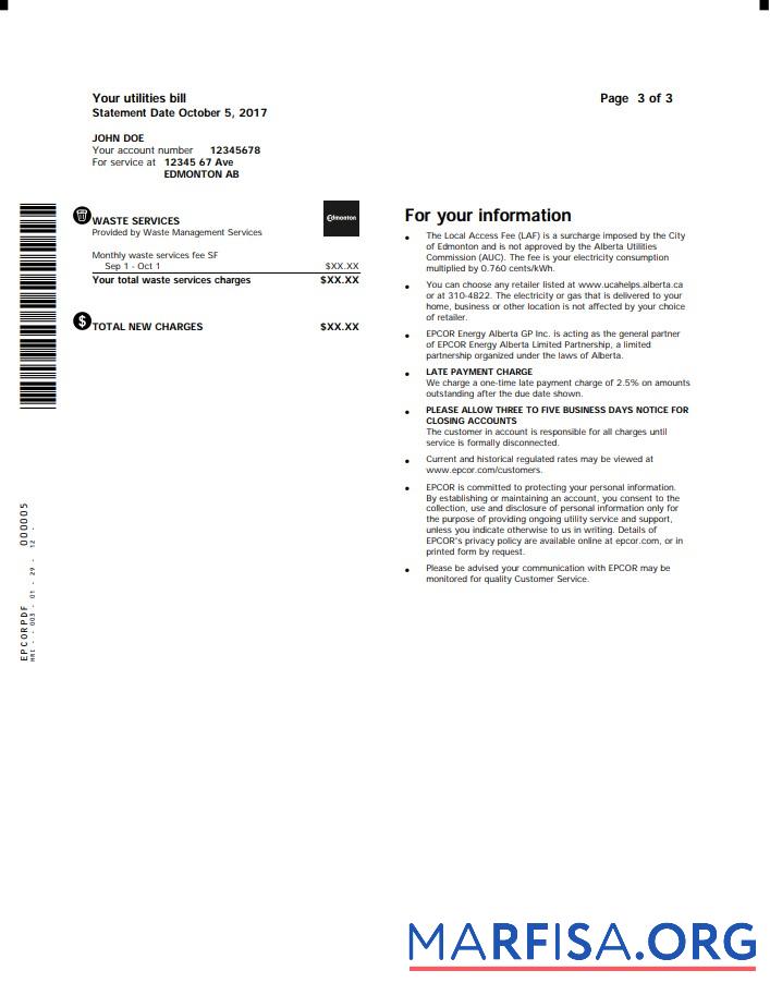 Printable Canada Epcor electricity utility bill template in Word and PDF format, 3 pages 3